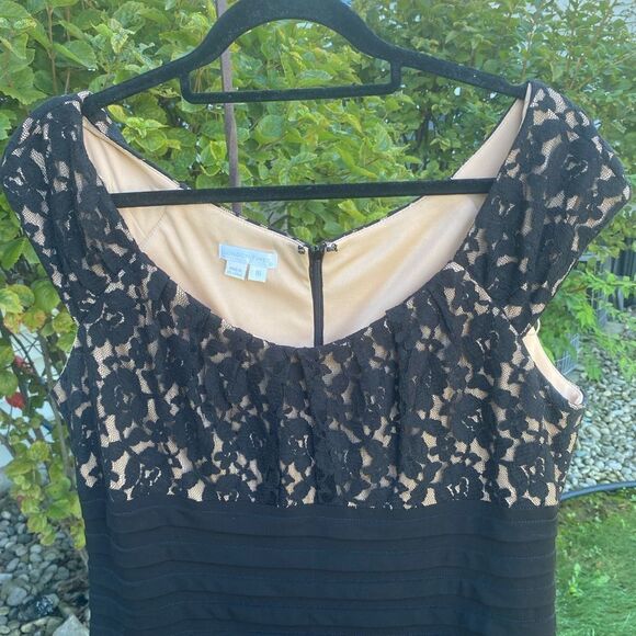 London Times Wm’s Sz 16 Black Lace Lined Tiered Bodycon Midi Pencil Dress - Picture 2 of 3